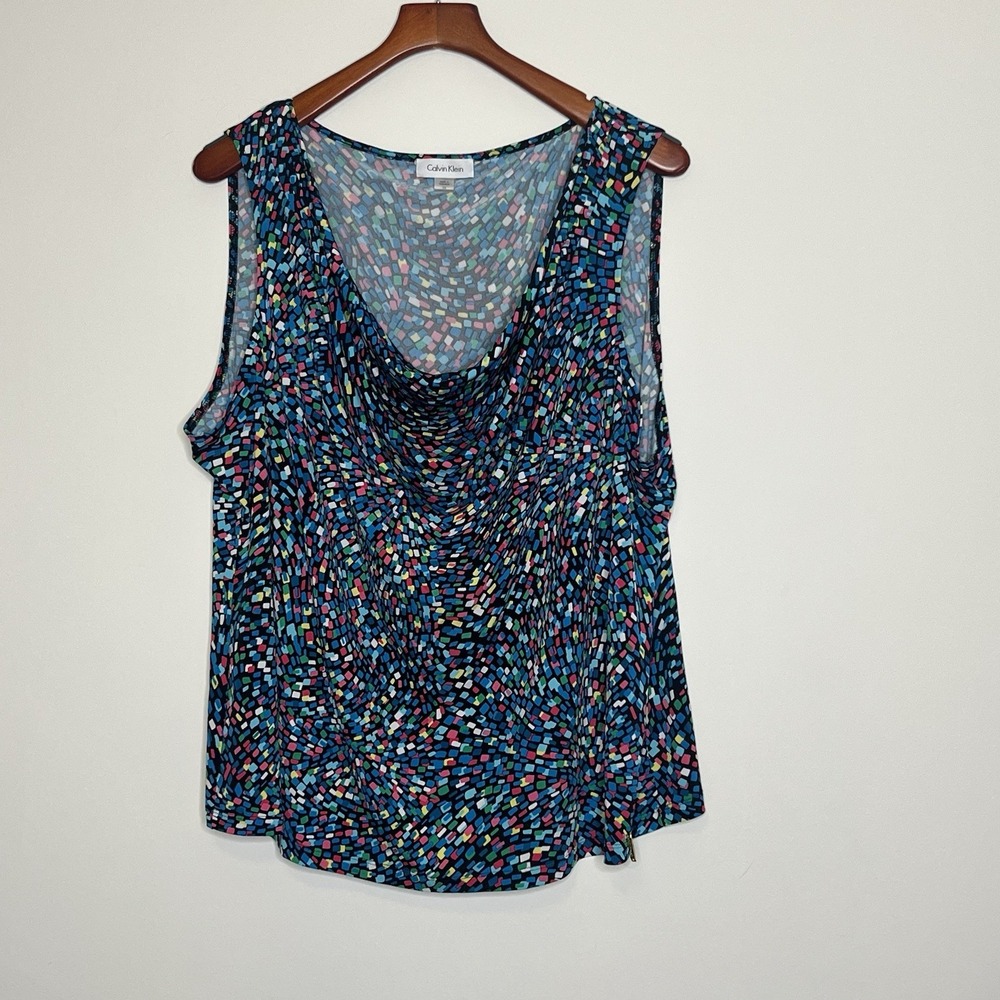 Calvin Klein Knit Blouse Womens Size 3X Black Blue Drape Neck Sleeveless Career‎
